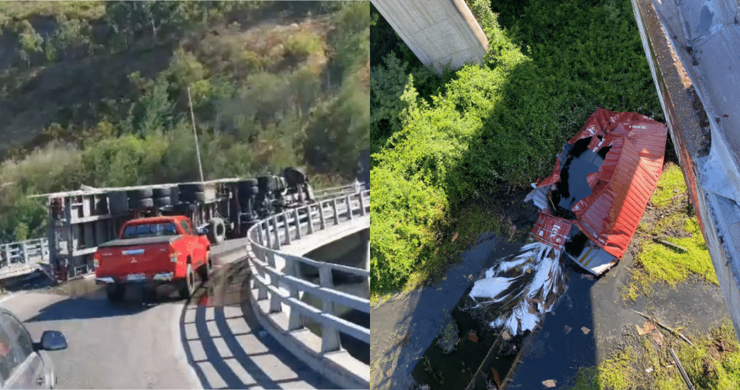 ¡Impactante! Camión cargado con vino se vuelca en plena Ruta 60 en Viña del Mar: derrame afecta a calzada y estero