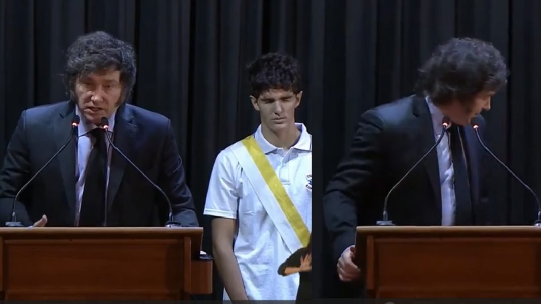 ¡Impactante! Estudiante se desmaya durante discurso de Javier Milei en colegio argentino