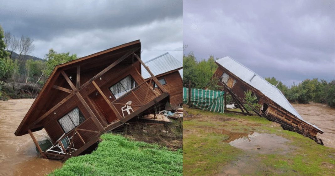 ¡Impactantes imágenes muestran una casa a punto de caer al estero por la crecida del caudal en Quillón!