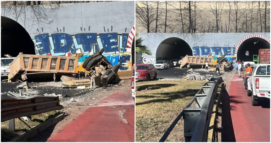 Impactante Accidente en Túnel Los Gemelos: Camión Tolva Choca Contra Muro y Vuelca, Dejando a Conductor Gravemente Herido