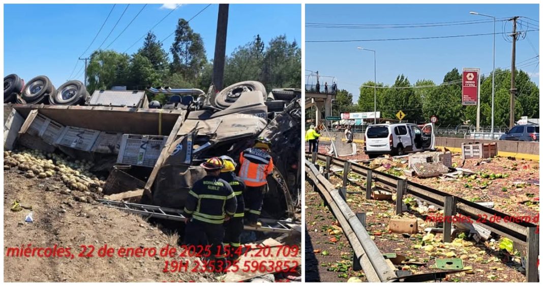 Accidente Vial Bloquea Ruta 5 Sur: Tractocamión Cargado de Frutas Vuelca en San Carlos