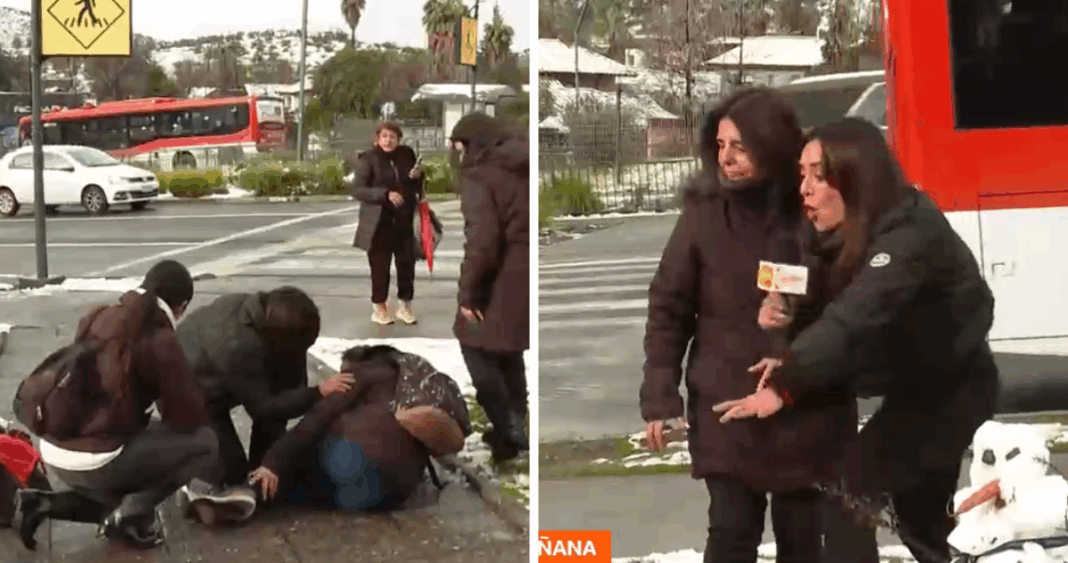Periodista de CHV Brinda Asistencia en Vivo a Transeúnte Caída en la Nieve
