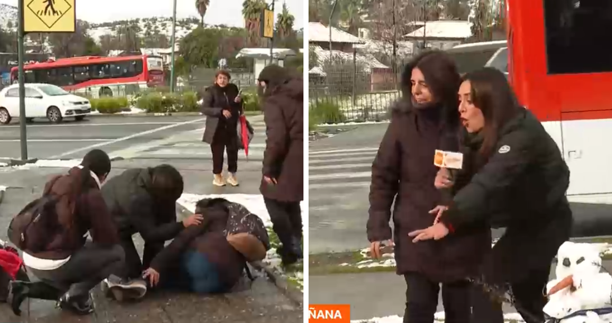 Periodista de CHV Brinda Asistencia en Vivo a Transeúnte Caída en la Nieve